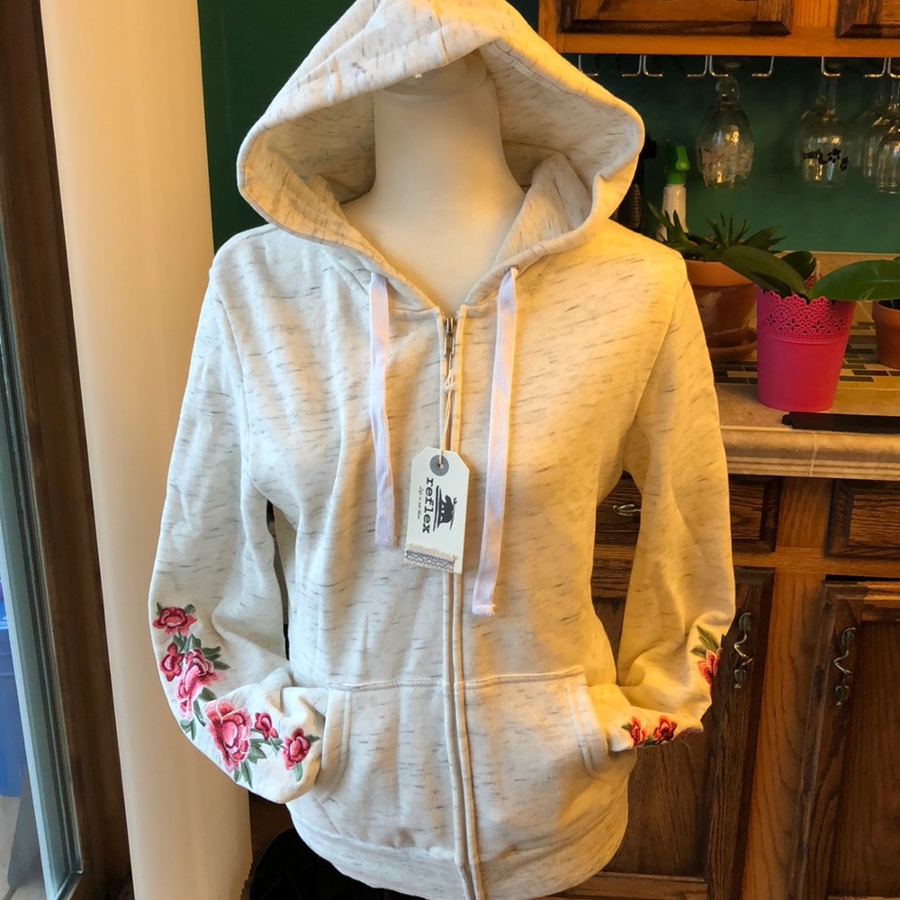 Reflex oatmeal zip-up hoodie with floral sleeves